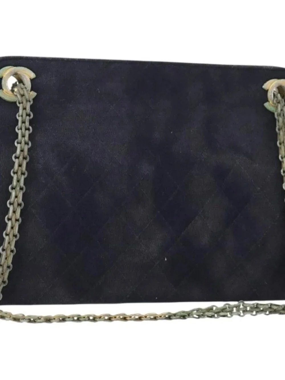CHANEL Matelasse Chain Hand Bag Cotton Navy Gold CC Auth YKZ061